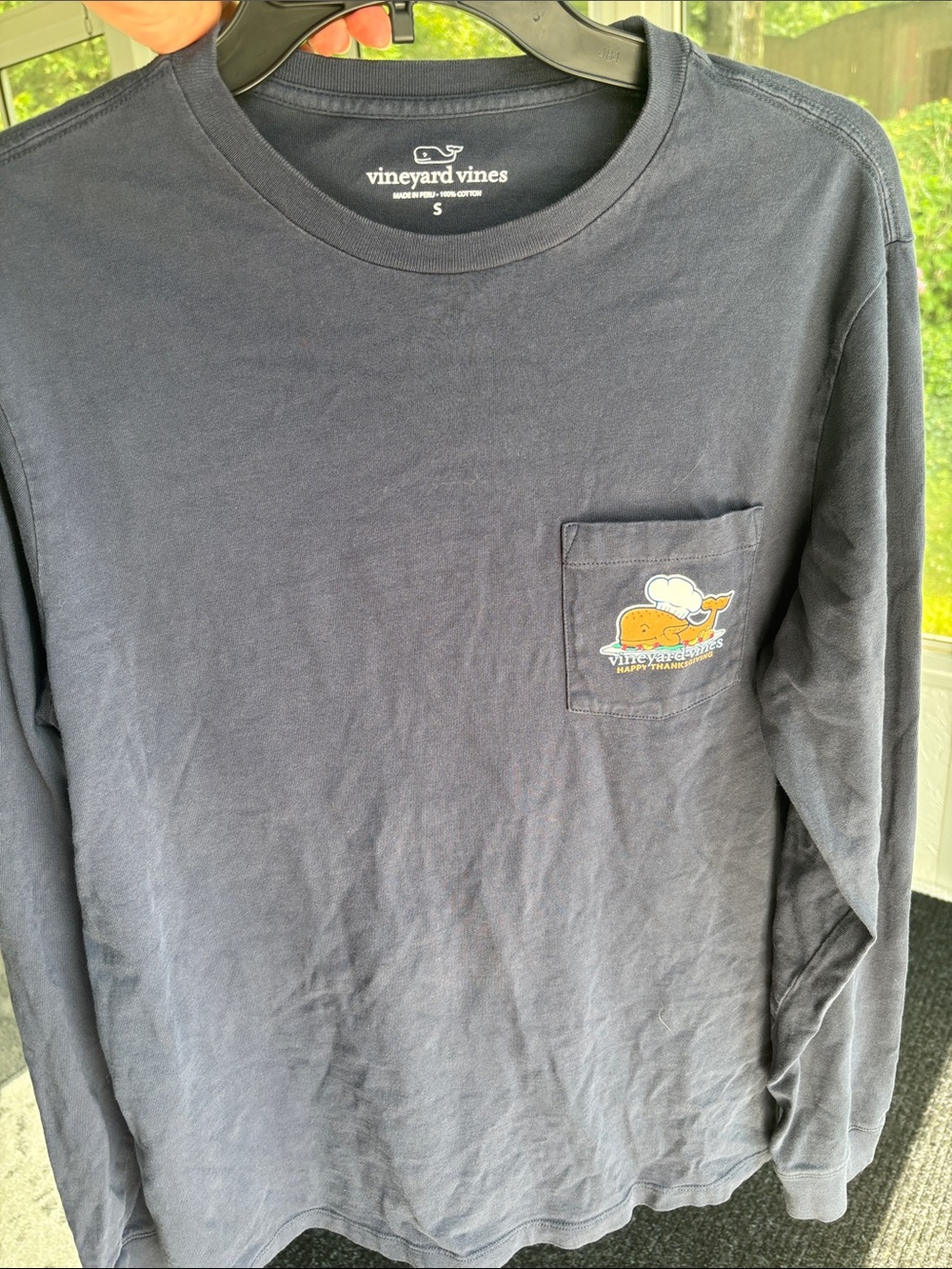 Vineyard Vines Thanksgiving Navy Long-Sleeve Pocket Tee with Whale Graphic